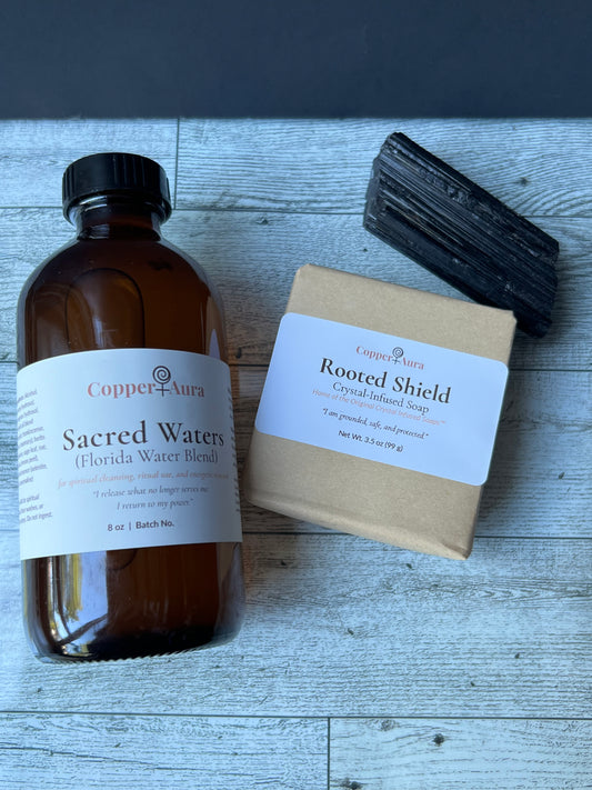 Copper Aura Ground + Protect Set with Rooted Shield Crystal-Infused Soap and Sacred Waters Florida Water Bottle.